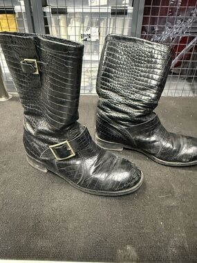 Jimmy Choo Black Croc-Embossed Boots with Brass Buckles, size 40